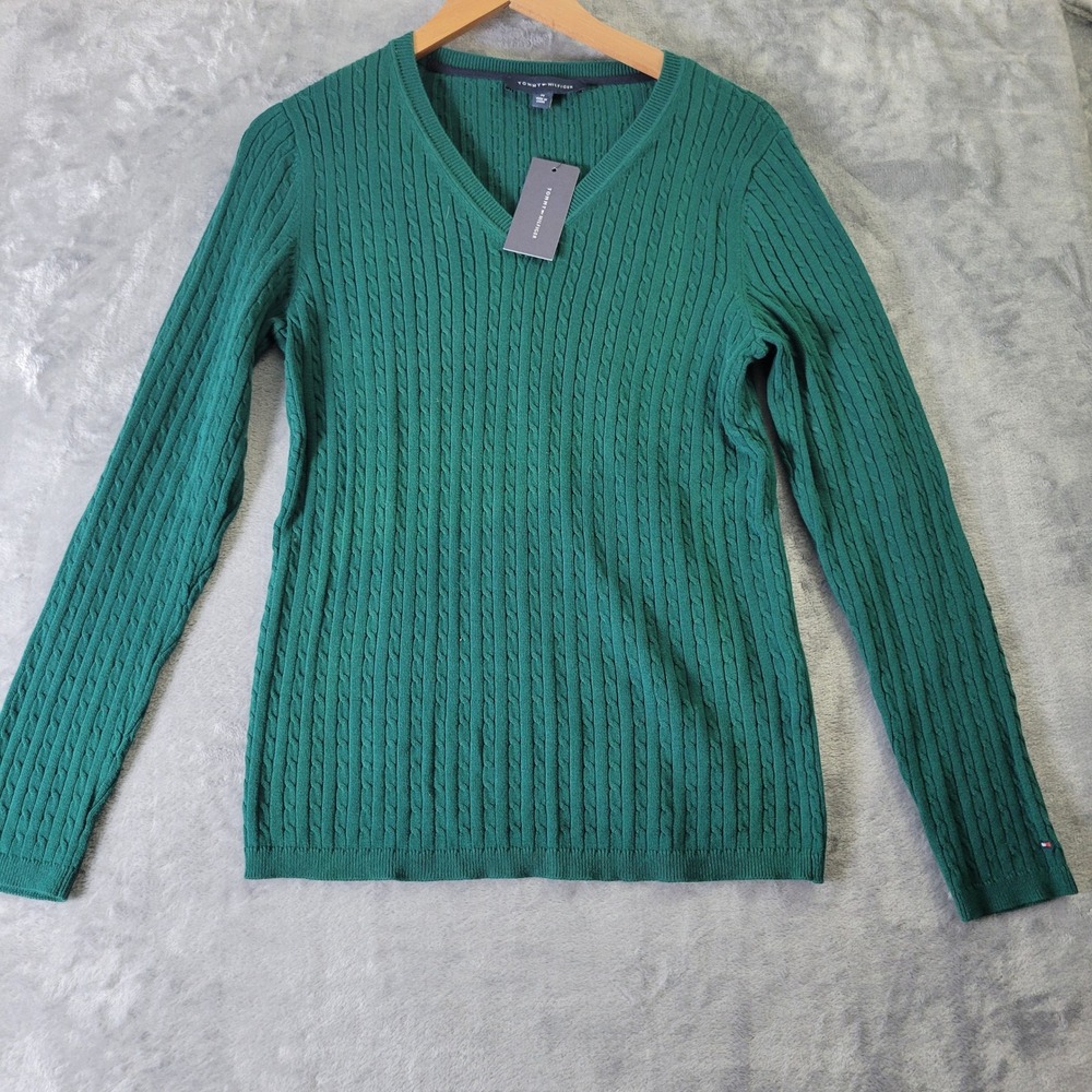 Tommy Hilfiger Green Cable Knit V Neck Sweater M Heritage Prep Classic Preppy